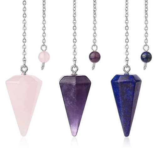 Hexagonal healing crystal pendulum in lapis lazuli, rose quartz, amethyst