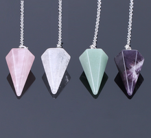 Load image into Gallery viewer, Hexagonal healing crystal pendulum in clear crystal, rose quartz, amethyst

