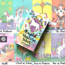 Load image into Gallery viewer, Crystal Unicorn Tarot Cards box with sample card spread
