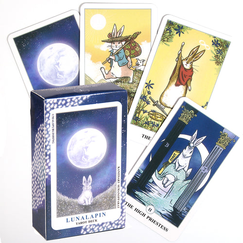 The Lunalapin Rabbit tarot card deck box and sample spread